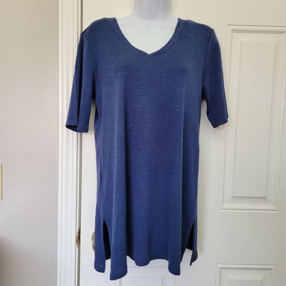 NWT J Jill Pima Double V Elbow Sleeve Tunic Top Ink Blue Soft Cotton Size Small - Picture 2 of 9